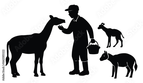 Silhouette of Farmer Feeding Okapi and Donkey Animals in a Farmyard Setting Graphic Design