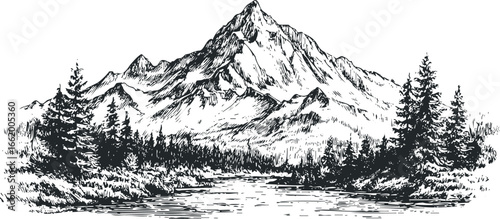Black and white sketch of rugged mountains with pine trees and a calm river