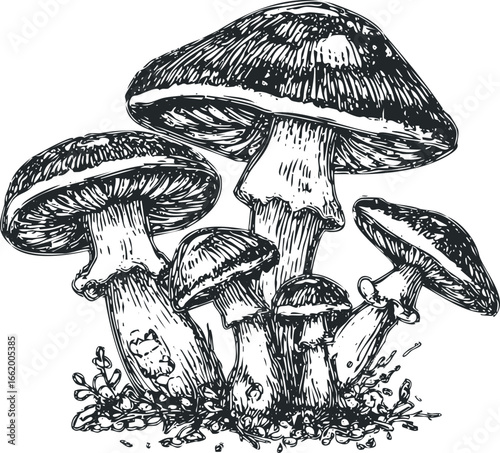 Monochromatic sketch of assorted mushrooms growing from the ground