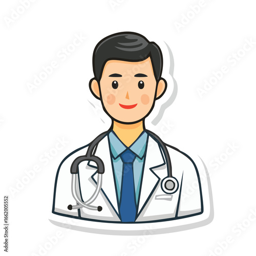 A cartoon illustration of a male doctor wearing a white coat and stethoscope.