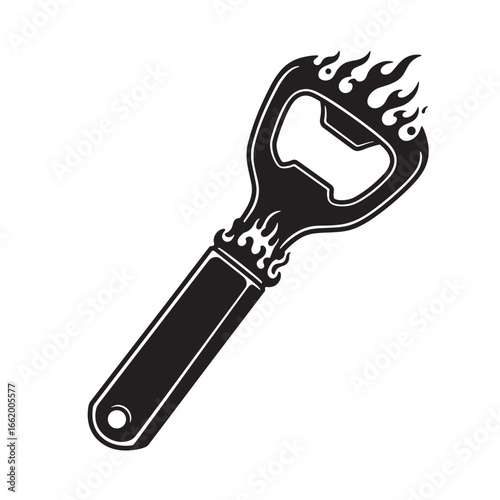 Vector illustration of a stylish black bottle opener adorned with flame graphics