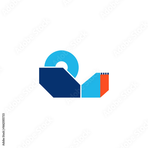 Illustration of a blue and orange tape dispenser with a roll of tape.