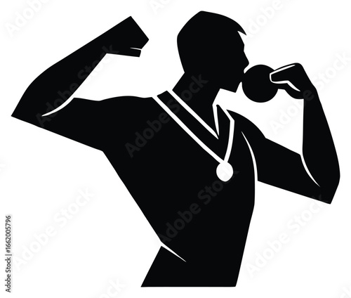 Silhouette of triumphant athlete biting gold medal after winning achievement in competition