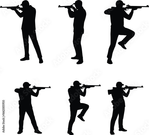 Silhouettes of rifle shooters in various aiming stances, standing and kneeling positions, tactical firearm training poses, military marksman vector illustration, black