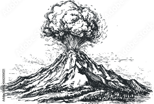 Detailed Line Art of a Volcano Erupting with Ash Plume