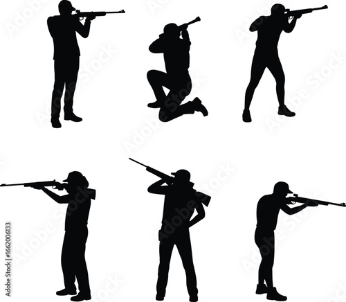 Silhouettes of shooters with rifles, standing and kneeling poses, tactical firearm illustration, black weapon figure vector, combat shooting posture design