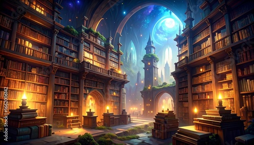 Magical library with glowing lights and books