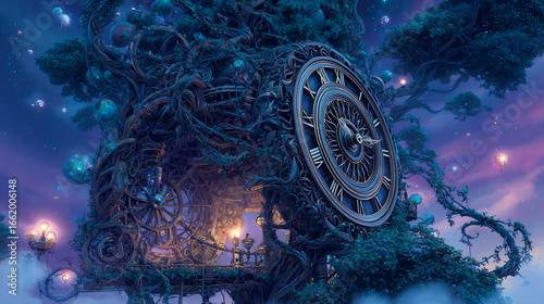 Surreal fantasy landscape blending nature with mechanical gears.