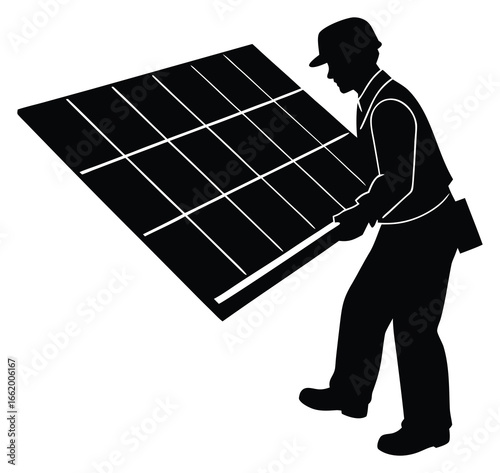 Silhouette of worker carrying solar panel for clean energy installation on rooftop concept