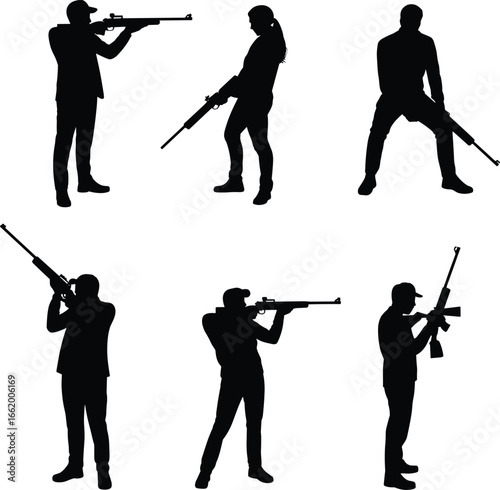 Silhouettes of armed people with rifles, aiming and standing poses, tactical shooter illustration, military weapon vector, black combat figure design