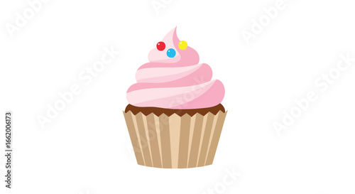 Sweet temptation cartoon cupcake with pink frosting and sprinkles isolated on white background providing simple sweet dessert treat and sugar rush