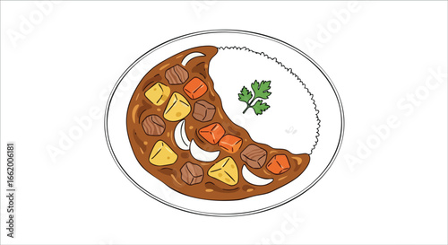 Illustration of a savory japanese curry dish served with fluffy rice and garnished with a fresh parsley sprig resting on a white plate