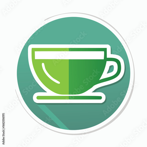 A green and white teacup illustration, set against a teal circular background with a subtle shadow.