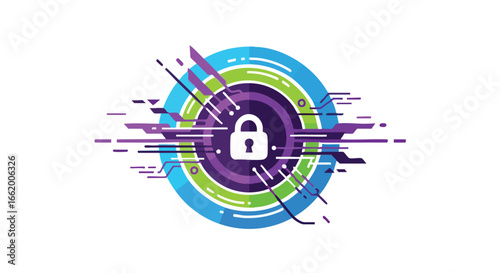 Data security emblem featuring padlock surrounded by digital lines and colorful circle frame conveying robust protection within a network environment
