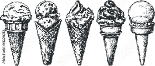 Variety of Hand Drawn Ice Cream Cones in Black and White Sketch