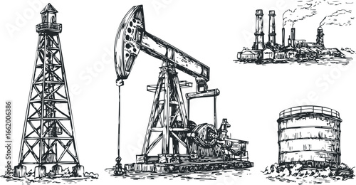 Vintage Black and White Sketch of Oil Industry Equipment and Factory