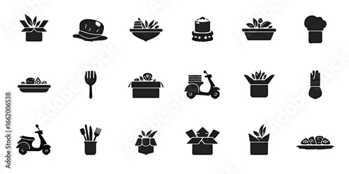Silhouette Icons Set of Food delivery and kitchen tool icons with takeout boxes, food trays, chef hats, forks, and delivery scooters