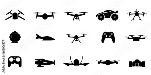 Silhouette Icons Set of Futuristic technology innovation Icons including drones, VR headsets, flying cars, digital holograms, and wearable devices