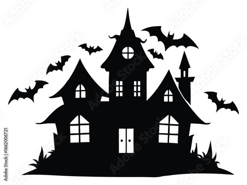 Spooky haunted house silhouette with bats flying around for Halloween illustrations and designs