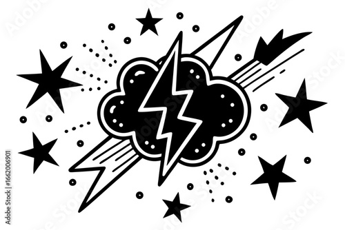 Dynamic black and white illustration of a lightning bolt striking a cloud surrounded by stars and streaks