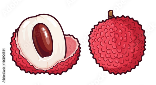 Charming lychee fruit illustration: showcasing a whole and halved vibrant lychee with detailed textures and colors on a plain backdrop