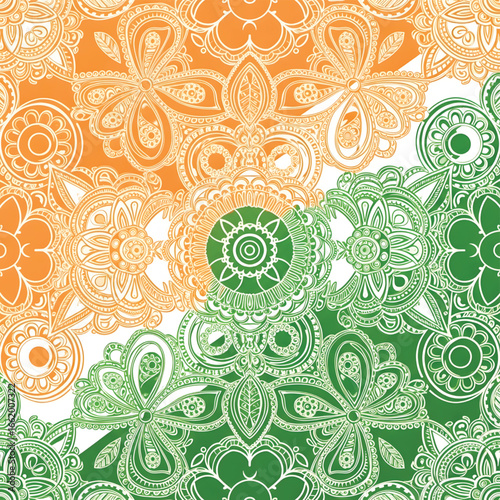 Abstract illustration resembling the Indian flag, featuring intricate floral and circular patterns in saffron, white, and green colors.