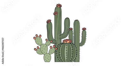 Charming hand-drawn illustration of various cactus species adorned with delicate flowers against a pristine white backdrop perfect for botanical and