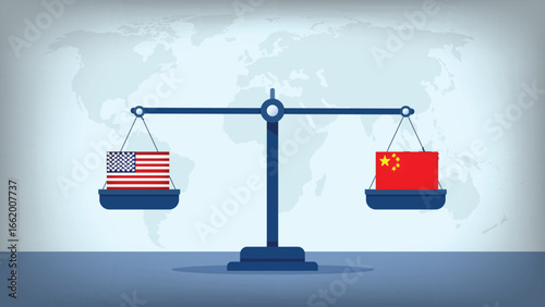 Balance Scale with USA vs China Flags , International Relations and Global Trade Concept Vector