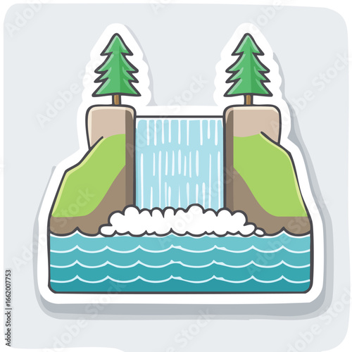 Cartoon illustration of a dam with water flowing, trees, and green hills, with a sticker effect.