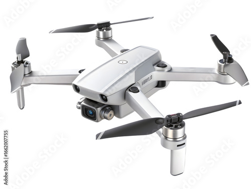 Modern white drone with camera and propellers isolated on black background
