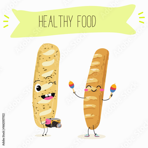 Baked food, french baguette, funny characters, hand drawn vector illustration.