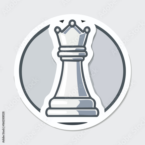 Illustration of a white chess queen piece, set against a gray circular background with a white border.