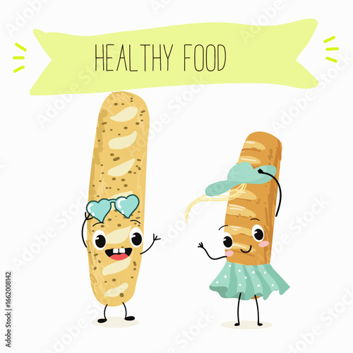 Baked food, french baguette, funny characters, hand drawn vector illustration.