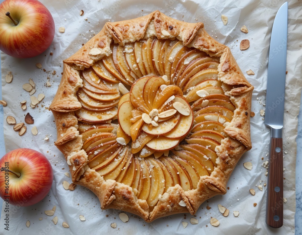 Rustic apple galette with flaky pastry, showcasing sliced fruit and a hint of almonds. Rustic apple galette with flaky pastry, showcasing sliced fruit and a hint of almonds.