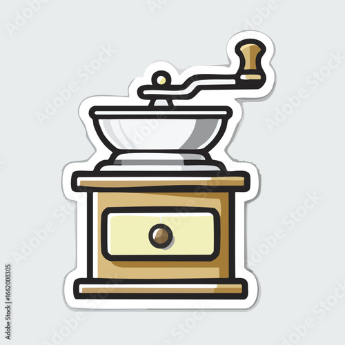 A detailed illustration of a wooden coffee grinder with a drawer, handle, and bowl.