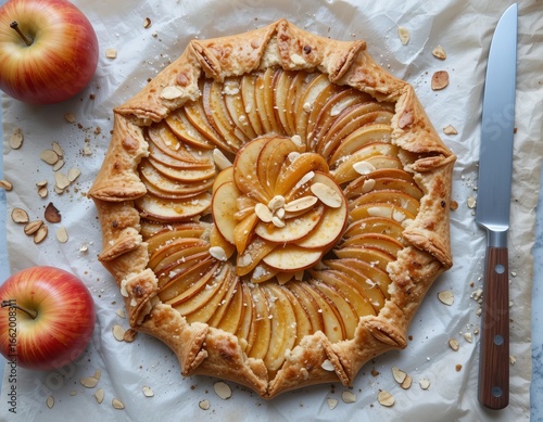 Rustic apple galette with flaky pastry, showcasing sliced fruit and a hint of almonds.