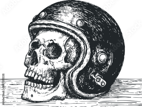 Human skull wearing a classic motorcycle helmet on a wooden surface
