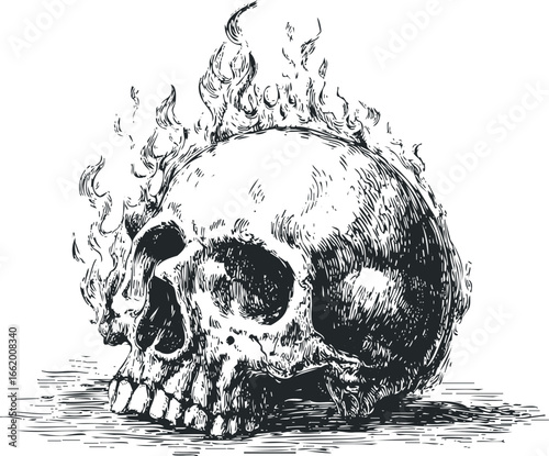 Human skull engulfed in stylized flames with textured shading