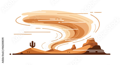 Flat illustration of a desert landscape with a sandstorm and native cacti in the arid scenery creating a desolate and hot desert scene