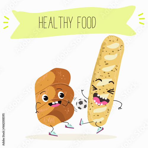 Baked food, french baguette, funny characters, hand drawn vector illustration.