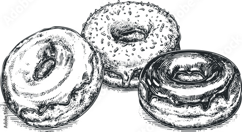 Hand Drawn Sketch of Three Sweet Glazed Doughnuts