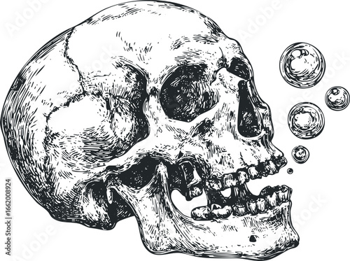 Detailed Ink Drawing of a Human Skull with Bubbles