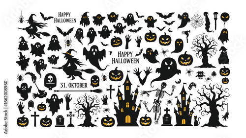 Spooky Halloween Silhouette Set: A collection of detailed black silhouettes captures the essence of Halloween with ghosts, pumpkins, witches, haunted houses, and other holiday symbols. 