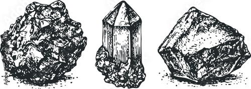 Three detailed black and white etched crystalline mineral rock formations