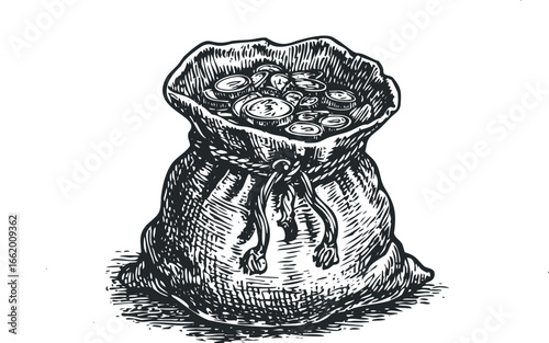 Full Sack of Coins with Detailed Hatching and Tie Closure
