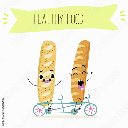 Baked food, french baguette, funny characters, hand drawn vector illustration.