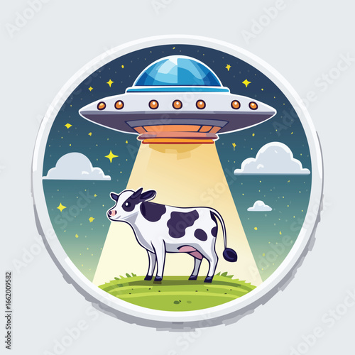 A cartoon illustration depicts a UFO beaming a cow up into its tractor beam at night.