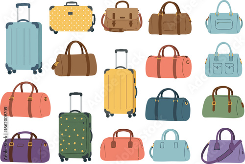 Vector Set of Travel Bags, Suitcases, and Handbags in Various Colors and Styles for Vacation, Packing, and Adventure Design