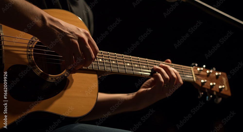 Fototapeta premium Person Playing Acoustic Guitar in Dim Lighting with Focused Hands and Warm Wood Tones