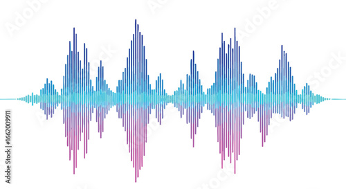 A captivating visualization of audio waves, a vibrant blend of blue and purple mirroring the nuances of sound frequencies, set against a clean white
